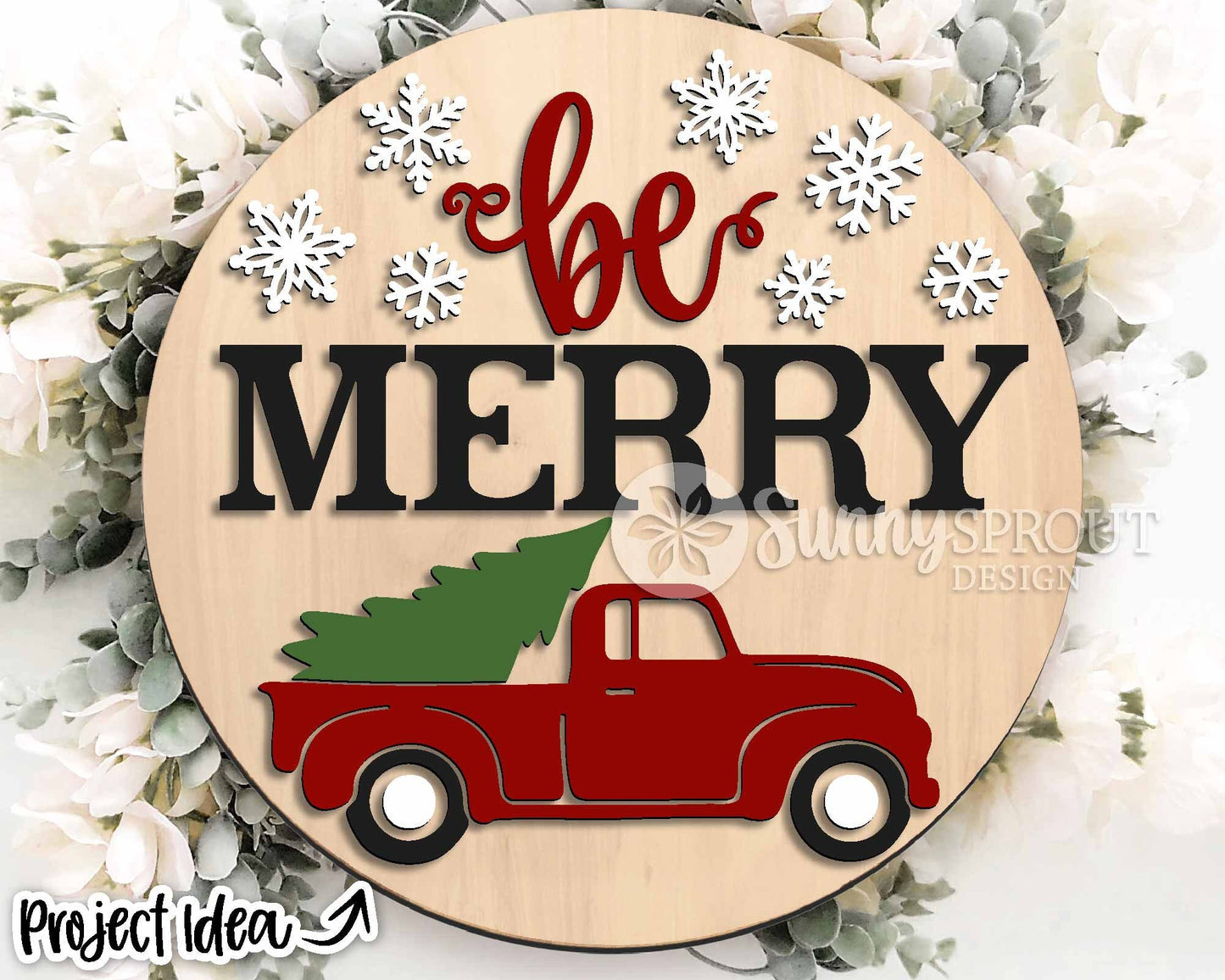 Be Merry Tree Old Truck Sign, Digital Download, SVG Laser Cut File, Cricut, Round Door Hanger Design, Farmhouse Christmas Decor