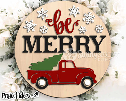 Be Merry Tree Old Truck Sign, Digital Download, SVG Laser Cut File, Cricut, Round Door Hanger Design, Farmhouse Christmas Decor