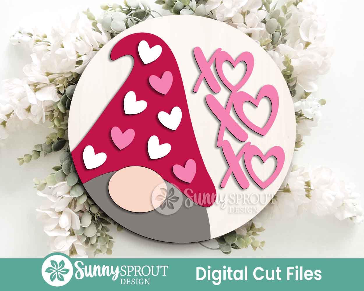 Heart Gnome XOXO Sign, Digital Download, SVG Laser Cut File, Cricut, Round Door Hanger Wall Art Design, Valentine's Day Decor