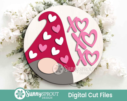 Heart Gnome XOXO Sign, Digital Download, SVG Laser Cut File, Cricut, Round Door Hanger Wall Art Design, Valentine's Day Decor