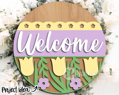 Welcome Tulip Flower Sign, Digital download, SVG Laser cut file, Cricut, Round door hanger design, Spring Easter decor