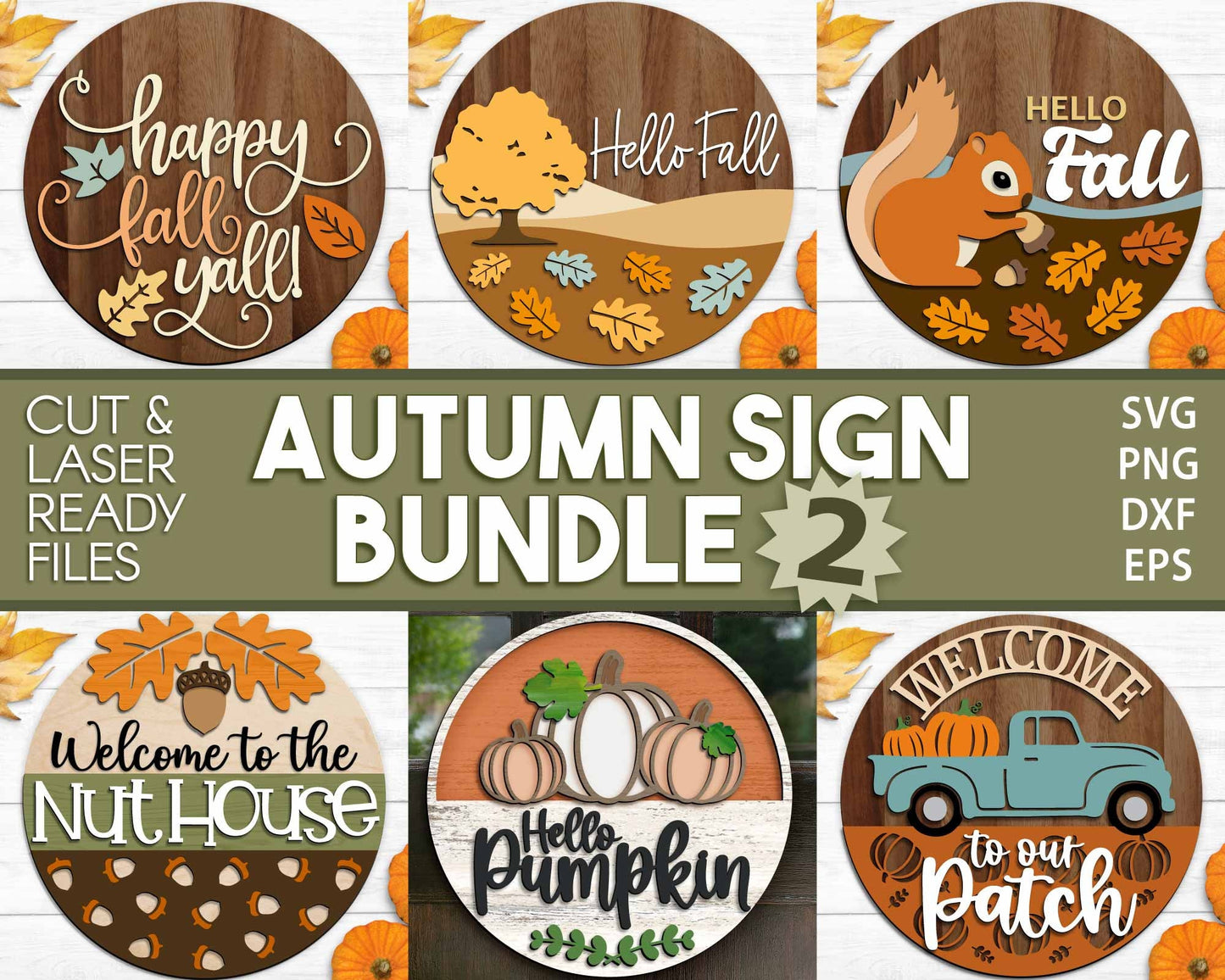 Autumn Laser Sign Bundle 2, Round door hanger cut files, Glowforge laser file, Cricut, Fall welcome sign svg