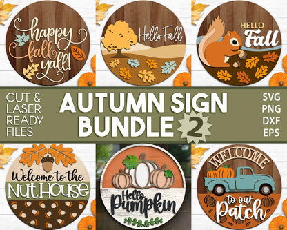 Autumn Laser Sign Bundle 2, Round door hanger cut files, Glowforge laser file, Cricut, Fall welcome sign svg