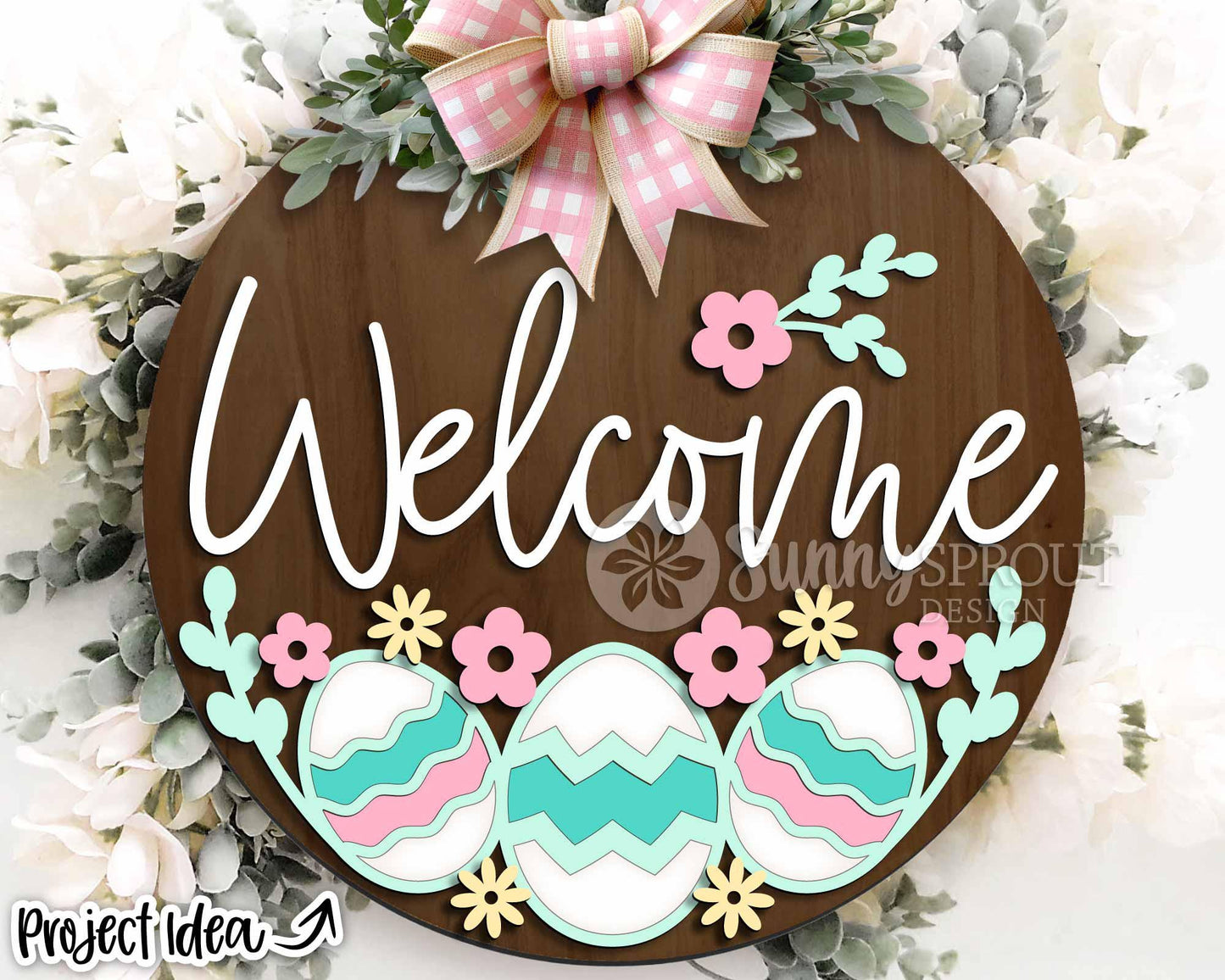 Welcome Easter Egg Flower Sign, Digital download, SVG laser cut file, Cricut, Round door hanger design