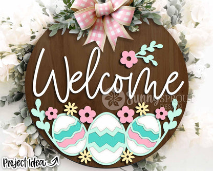 Welcome Easter Egg Flower Sign, Digital download, SVG laser cut file, Cricut, Round door hanger design