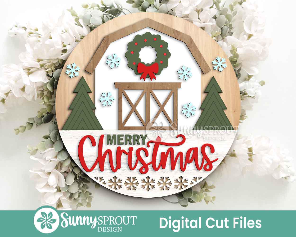 Merry Christmas Barn Wreath Sign, Digital download, SVG laser cut file, Cricut, Round door hanger design, Farmhouse decor