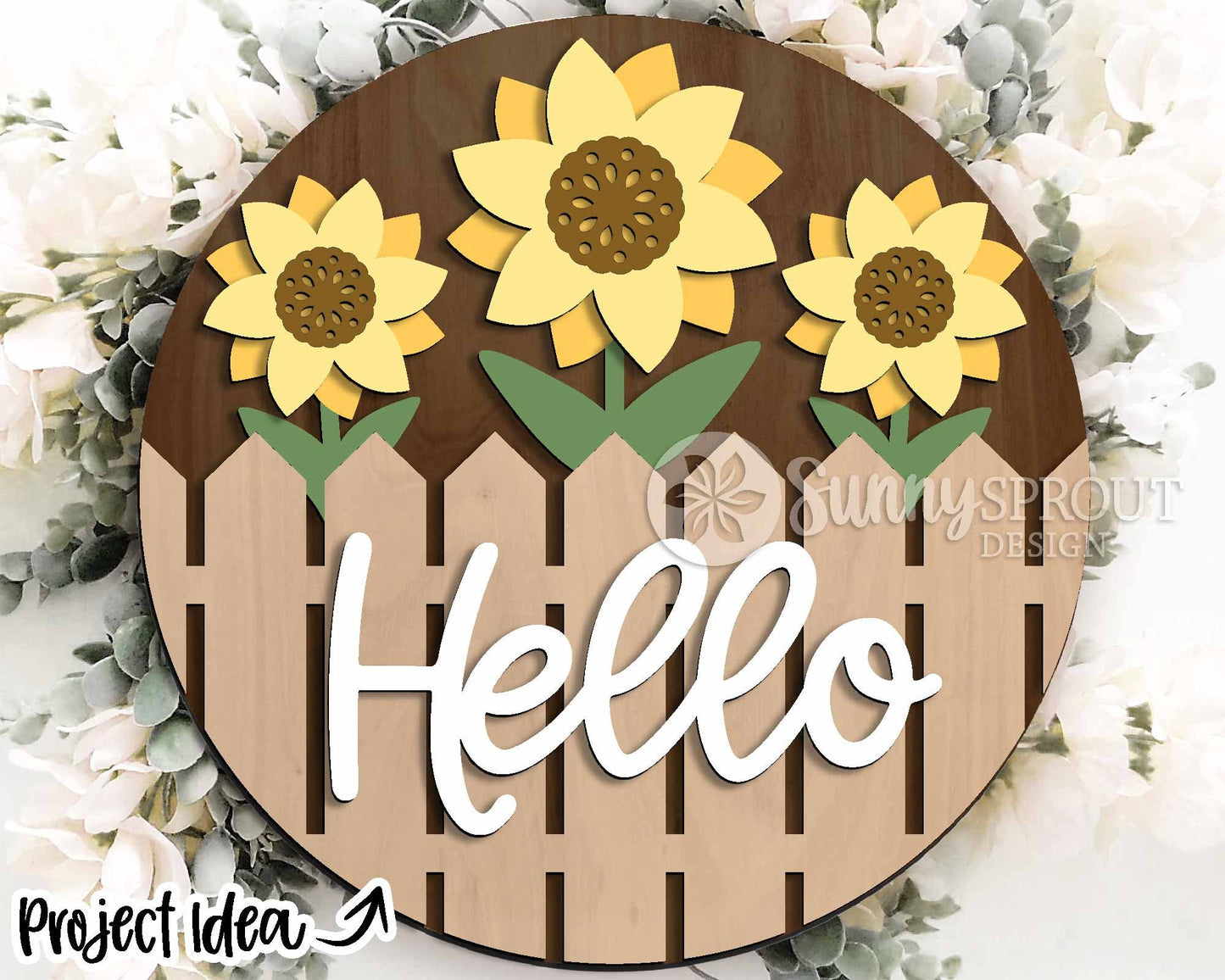 Hello Picket Fence Sunflowers Sign, Digital Download, SVG Laser Cut File, Cricut, Summer Fall Round Door Hanger Design