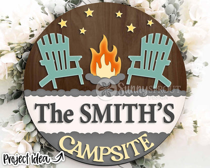 Personalizable Campsite Sign, Digital download, SVG Laser cut file, Cricut, Round door hanger design, Family name camping decor
