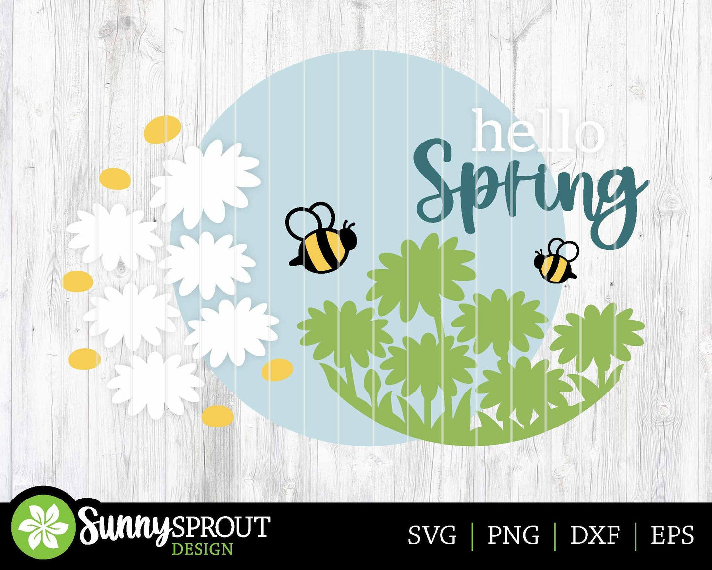 Hello Spring Daisy Bees Sign, Digital download, SVG Laser cut file, Cricut, Round door hanger design