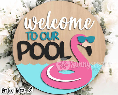 Welcome to Our Pool Flamingo Sign, Digital Download, SVG Laser Cut File, Cricut, Summer Round Door Hanger Design