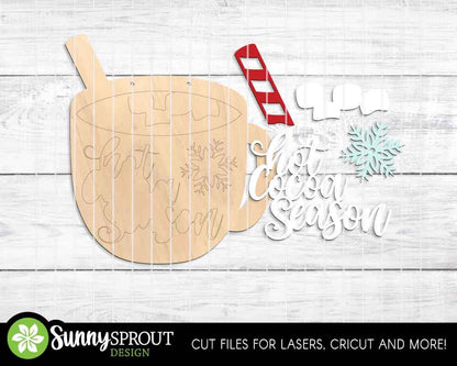 Hot Cocoa Season Mug Sign, Digital Download, SVG Laser Cut File, Cricut, Round Door Hanger Design, Christmas Winter Decor