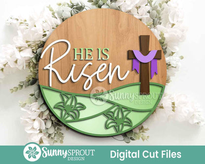 Christian Easter Sign Bundle, Round door hanger svg, Glowforge laser cut file, Cricut, Religious Easter cross svg