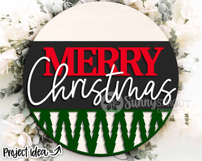 Merry Christmas Tree Pattern Sign, Digital Download, SVG Laser Cut File, Cricut, Round Door Hanger Design