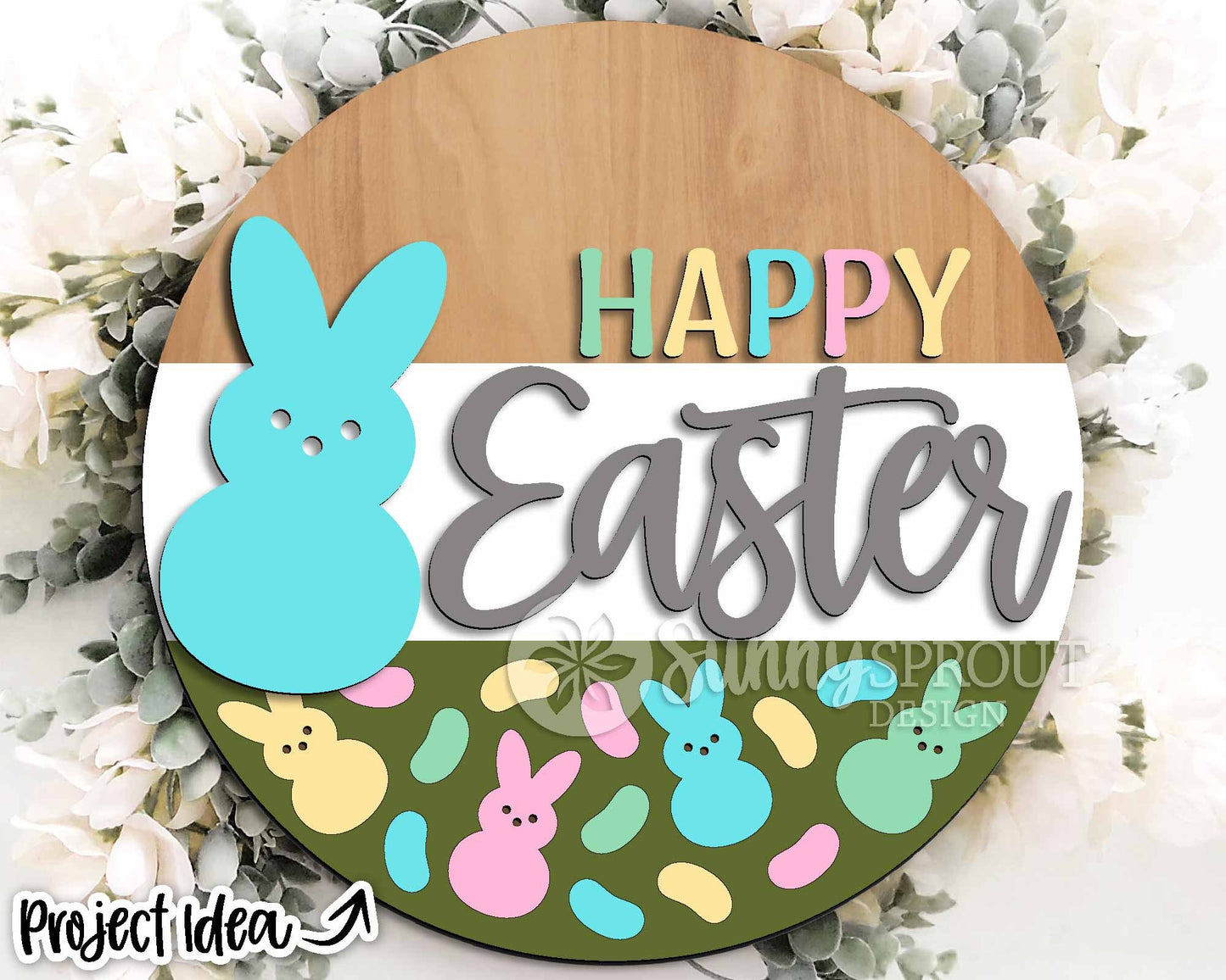Happy Easter Bunny Jelly Bean Sign, Digital download, SVG Laser cut file, Cricut, Round door hanger design