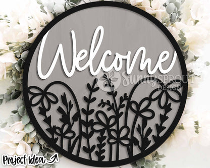 Welcome Wildflower Round Sign, Digital Download, SVG Laser Cut File, Cricut, Floral Summer Round Door Hanger Design