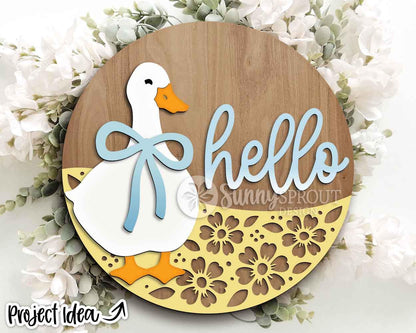 Hello Goose with Bow and Flowers Sign, Digital download, SVG Laser cut file, Cricut, Round door hanger design, Spring decor
