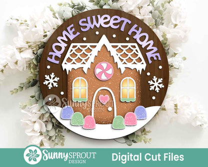 Home Sweet Home Gingerbread House Sign, Digital Download, SVG Laser Cut File, Cricut, Round Door Hanger Design, Christmas Decor