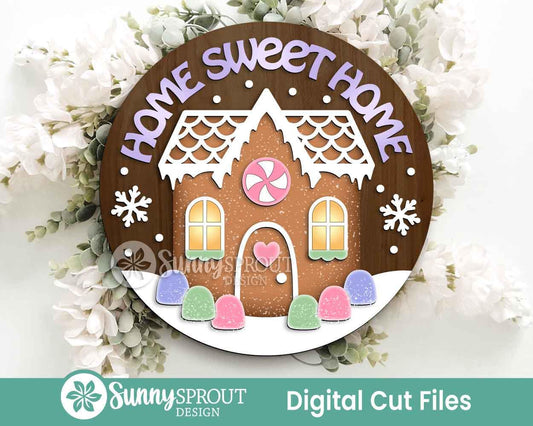 Home Sweet Home Gingerbread House Sign, Digital Download, SVG Laser Cut File, Cricut, Round Door Hanger Design, Christmas Decor