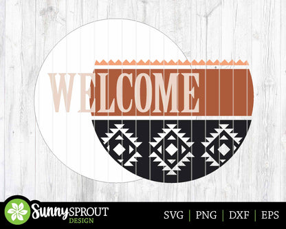 Welcome Southwest Pattern Sign, Digital Download, SVG Laser Cut File, Cricut, Aztec Western Round Door Hanger Design