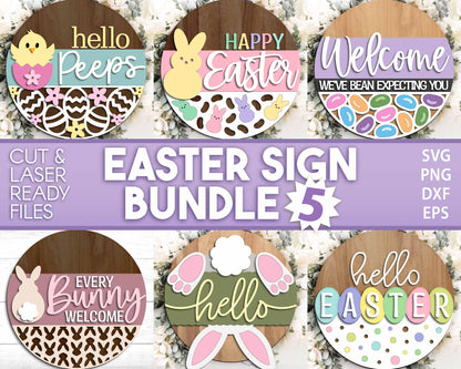 Easter Sign Bundle 5, Round door hanger svg, Glowforge laser file, Cricut cut file, Spring welcome sign svg, Easter bunny