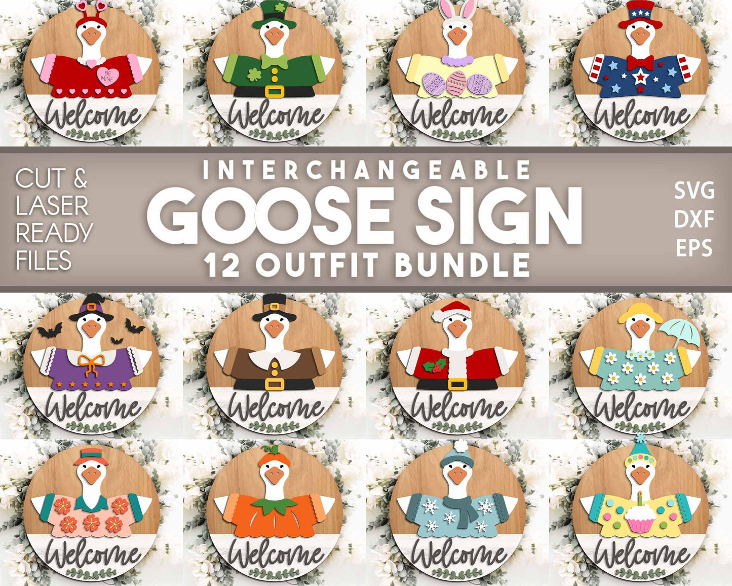 Goose Interchangeable Outfit Sign Bundle, Round door hanger svg, Glowforge laser file, Cricut, Seasonal welcome door sign