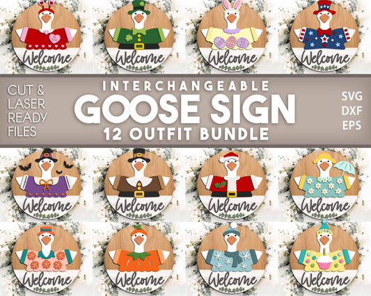 Goose Interchangeable Outfit Sign Bundle, Round door hanger svg, Glowforge laser file, Cricut, Seasonal welcome door sign