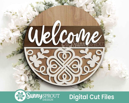 Welcome Celtic Clover Sign, Digital Download, SVG Laser Cut File, Cricut, Round Door Hanger Design, St. Patrick's Day Decor
