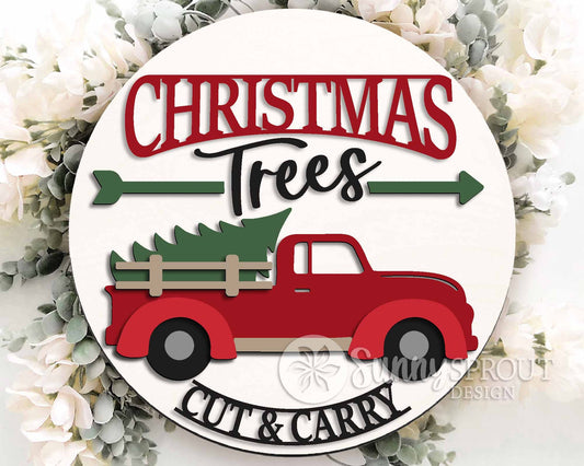 Christmas Trees Old Truck Sign, Digital Download, SVG Laser Cut File, Cricut, Round Door Hanger Design, Farmhouse Christmas Decor
