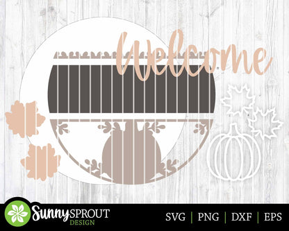 Welcome Pumpkin Leaf Pattern Sign, Digital Download, SVG Laser Cut File, Cricut, Round Fall Door Hanger Design