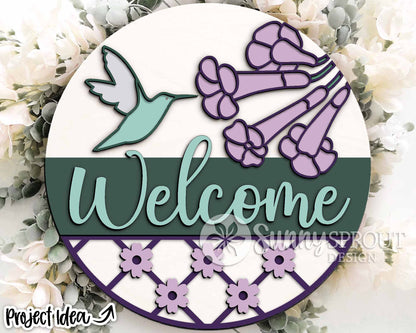 Welcome Hummingbird Flower Sign, Digital download, SVG Laser cut file, Cricut, Round door hanger design, Spring summer decor