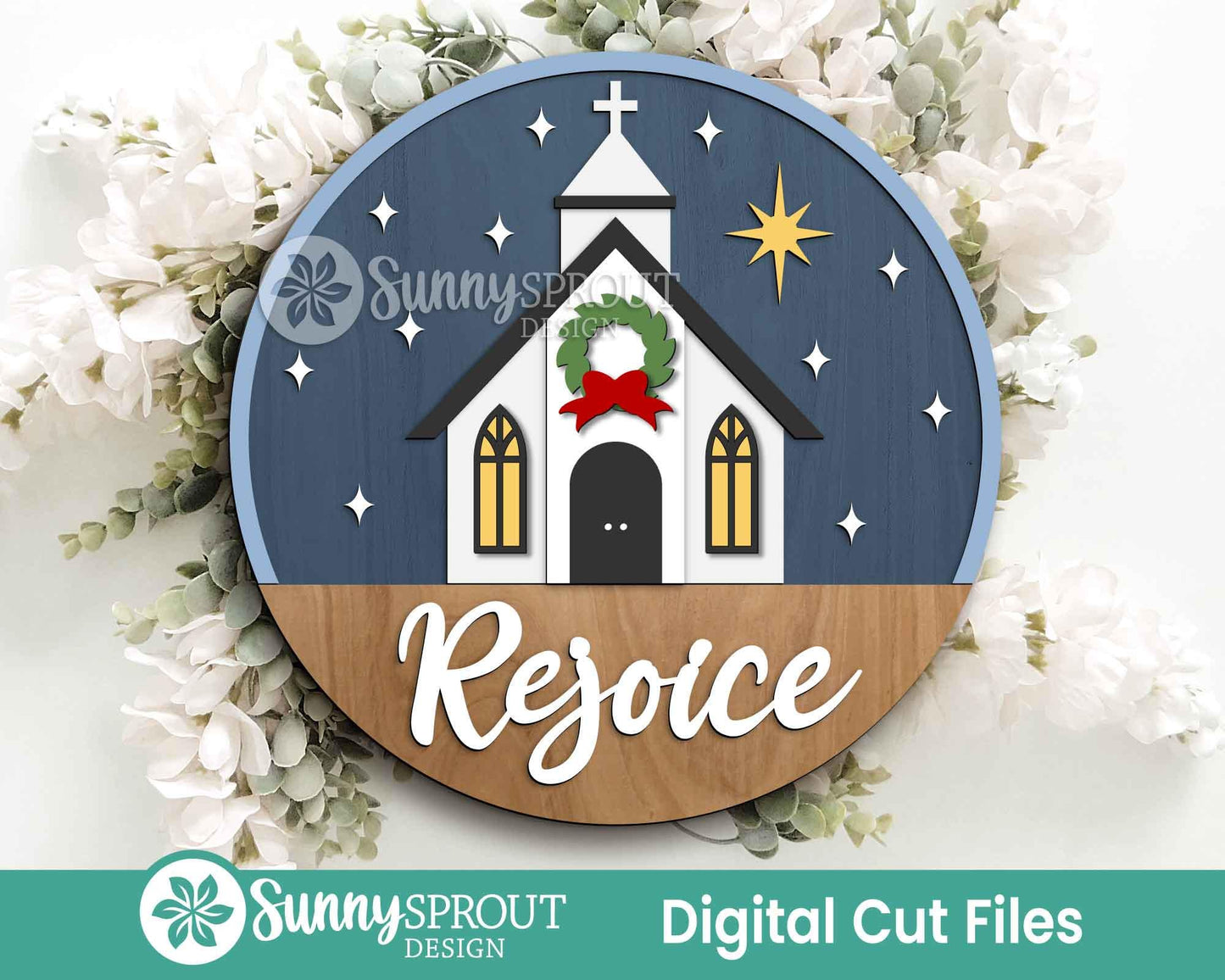 Rejoice Christmas Church Sign, Digital Download, SVG Laser Cut File, Cricut, Round Door Hanger Design