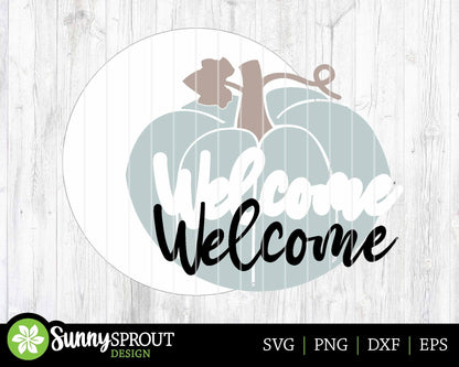 Welcome Pumpkin Round Sign, Digital Download, SVG Laser Cut File, Cricut, Round Fall Door Hanger Design