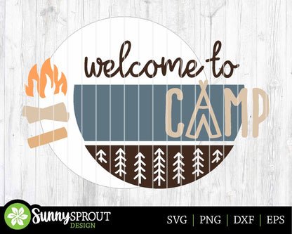 Welcome to Camp Sign, Digital download, SVG Laser cut file, Cricut, Round door hanger design, Camping cabin decor