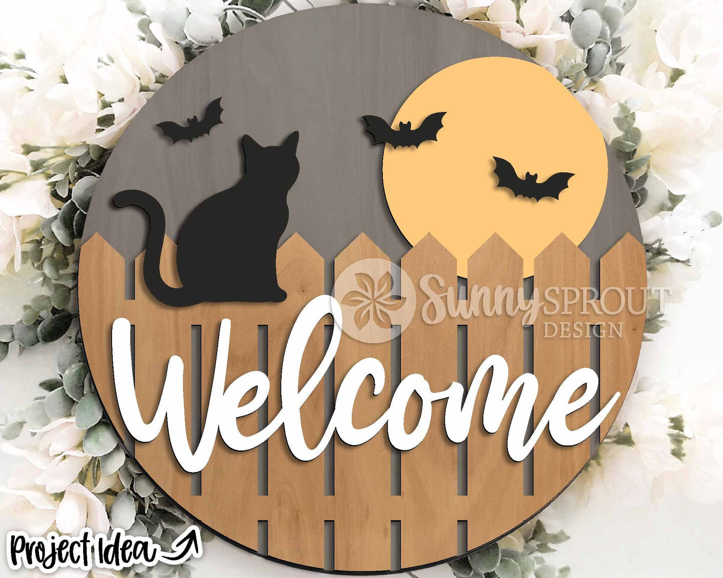 Welcome Fence Cat Moon Sign, Digital Download, SVG Laser Cut File, Cricut, Round Halloween Door Hanger Design