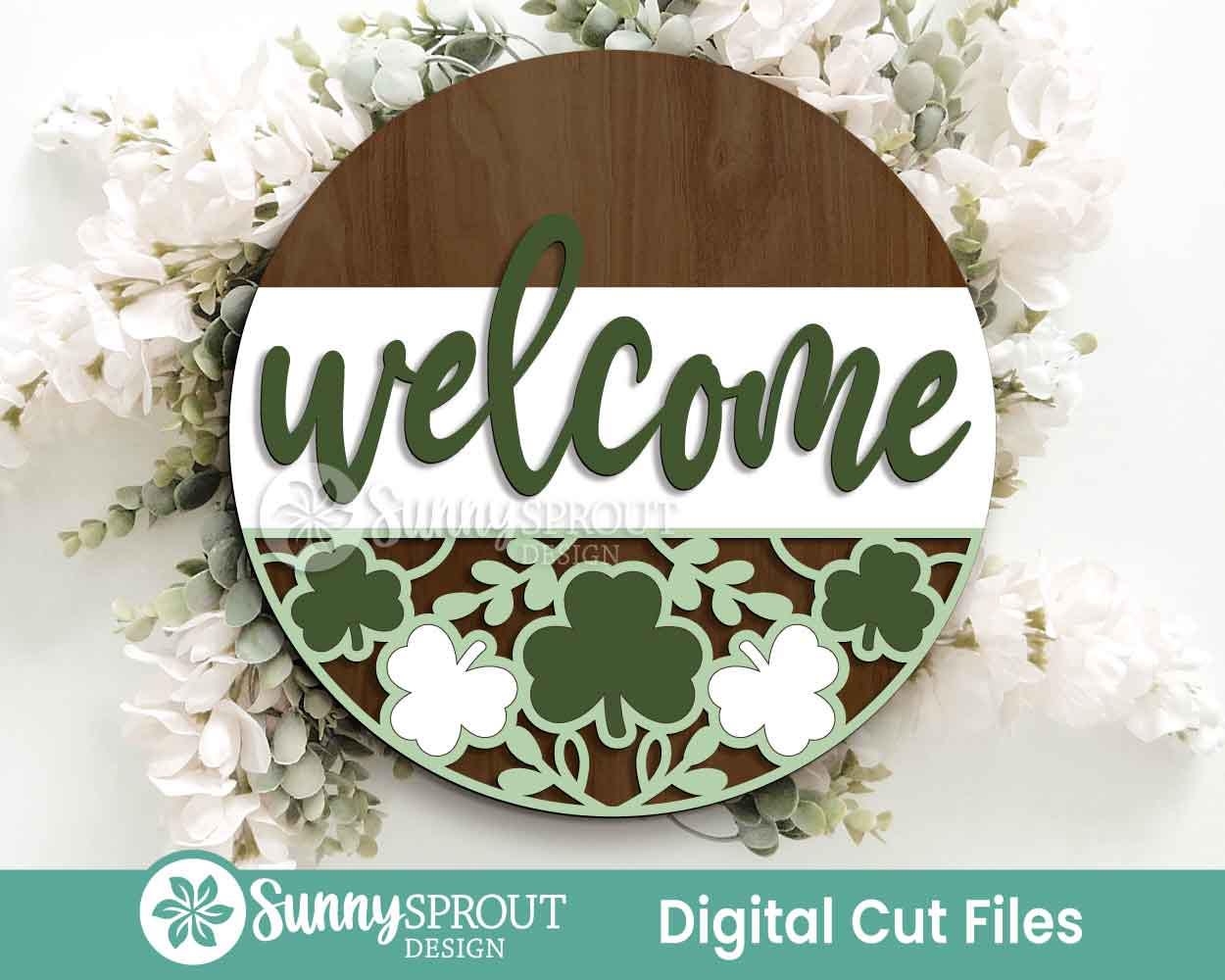 Clover Pattern Welcome Sign, Digital Download, SVG Laser Cut File, Cricut, Round Door Hanger Design, St. Patrick's Day Decor