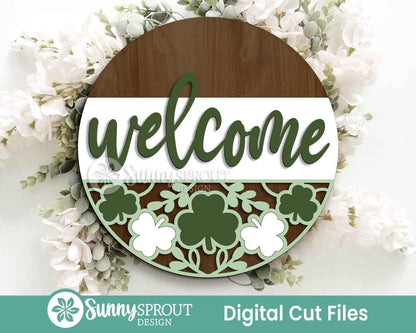 Clover Pattern Welcome Sign, Digital Download, SVG Laser Cut File, Cricut, Round Door Hanger Design, St. Patrick's Day Decor