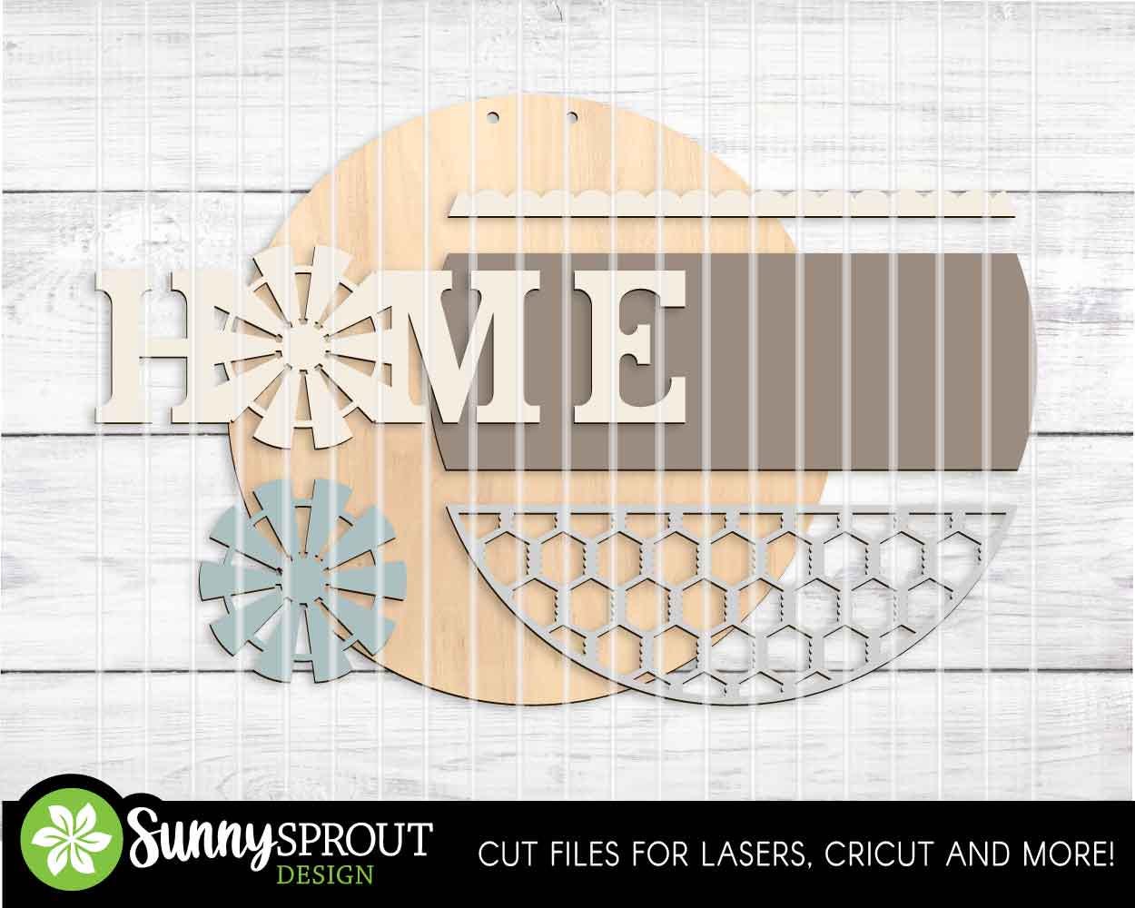 Home Windmill Chicken Wire Sign, Digital Download, SVG Laser Cut File, Cricut, Rustic Farmhouse Round Door Hanger Design