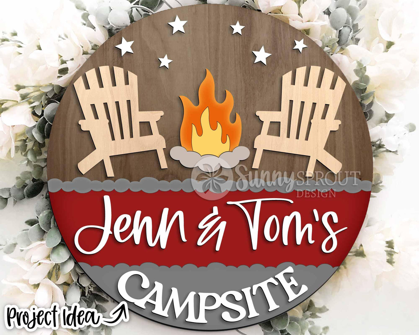 Personalizable Campsite Sign, Digital download, SVG Laser cut file, Cricut, Round door hanger design, Family name camping decor