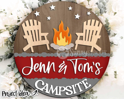 Personalizable Campsite Sign, Digital download, SVG Laser cut file, Cricut, Round door hanger design, Family name camping decor
