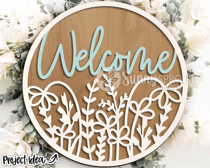 Welcome Wildflower Round Sign, Digital Download, SVG Laser Cut File, Cricut, Floral Summer Round Door Hanger Design