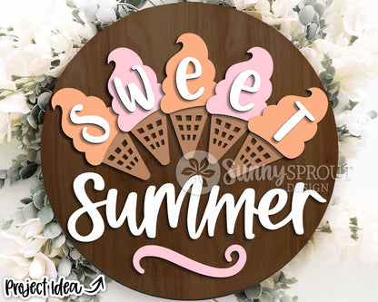 Sweet Summer Ice Cream Cone Sign, Digital Download, SVG Laser Cut File, Cricut, Round Door Hanger Design