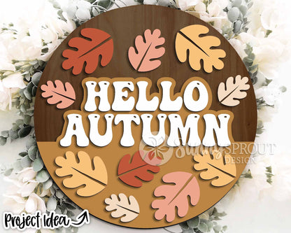 Hello Autumn Retro Leaf Sign, Digital Download, SVG Laser Cut File, Cricut, Round Fall Door Hanger Design