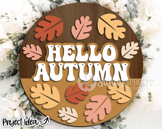 Hello Autumn Retro Leaf Sign, Digital Download, SVG Laser Cut File, Cricut, Round Fall Door Hanger Design
