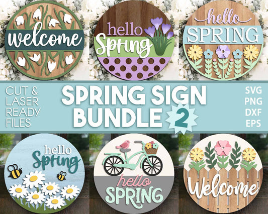 Spring Sign Bundle 2, Round door hanger svg, Glowforge laser file, Cricut, Spring flower welcome sign, Hello Spring