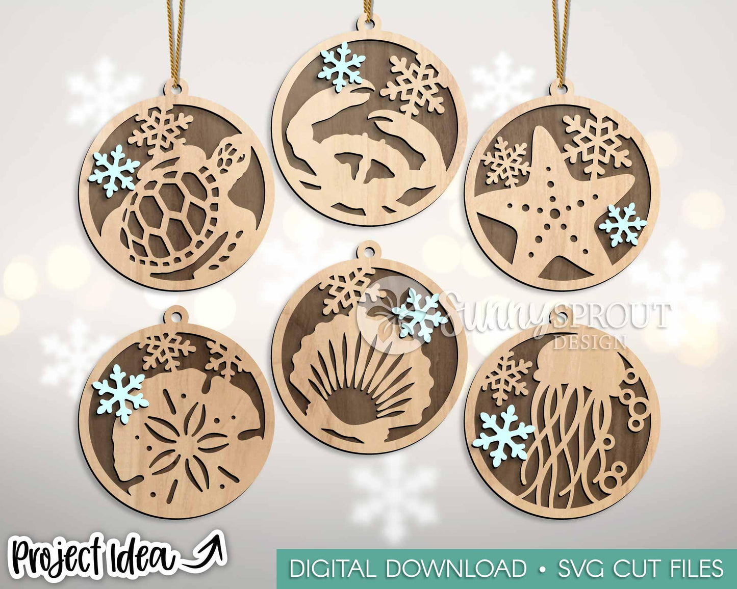 Ocean Snowflake Ornament Bundle, Digital download, SVG laser cut file, Cricut, Christmas beach design