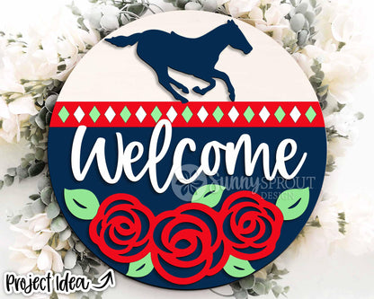 Welcome Rose Horse Sign, Digital download, SVG Laser cut file, Cricut, Round door hanger design, Kentucky Derby decor