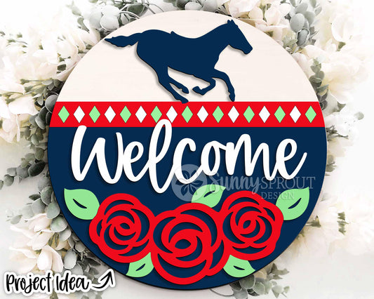 Welcome Rose Horse Sign, Digital download, SVG Laser cut file, Cricut, Round door hanger design, Kentucky Derby decor