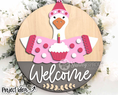 Goose Welcome Birthday Sign, Digital Download, SVG Laser Cut File, Cricut, Round Party Door Hanger Design, Interchangeable Outfit