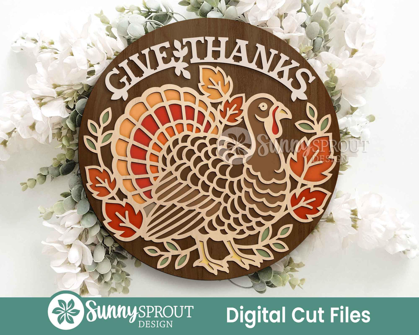 Give Thanks Turkey Outline Sign, Digital Download, SVG Laser Cut File, Cricut, Round Thanksgiving Fall Door Hanger Design