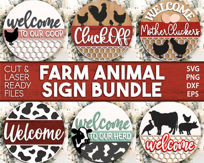 Farm Animal Laser Sign Bundle, Round door hanger svg, Glowforge laser file, Cricut, Chicken coop welcome sign, Cow decor